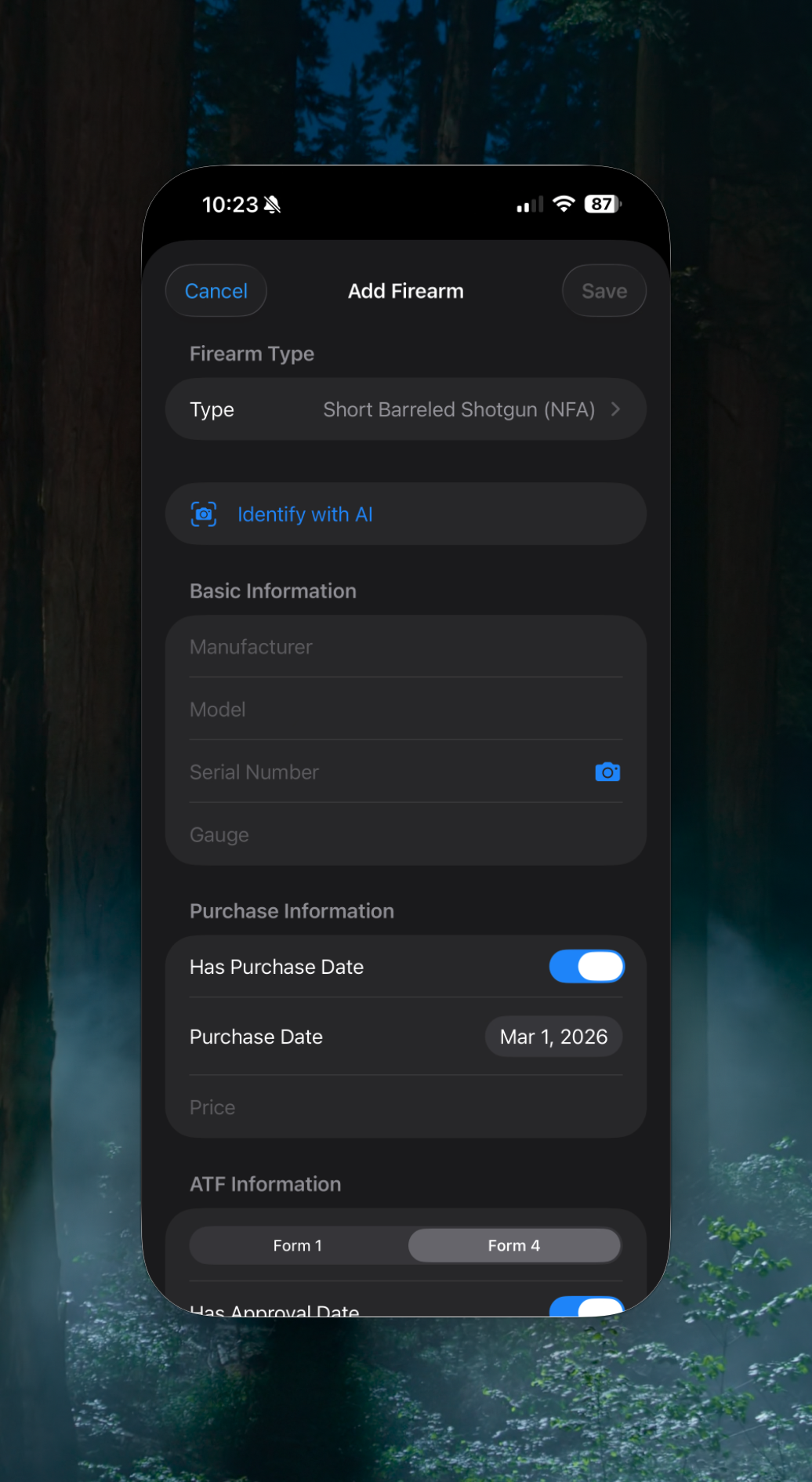 iPhone — Add firearm form with AI identification button